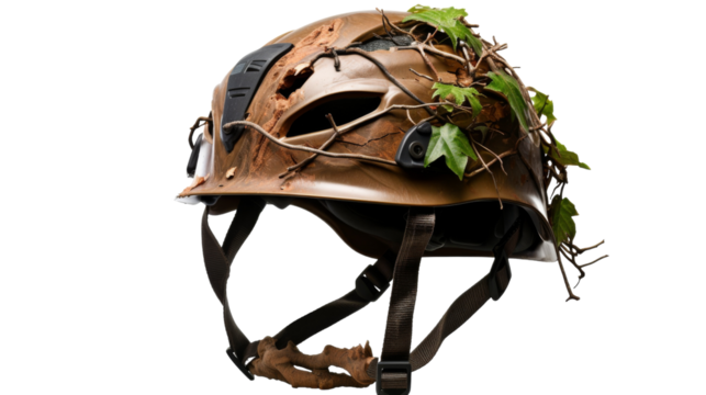 A helmet transformed by nature, with a vibrant plant sprouting from its top