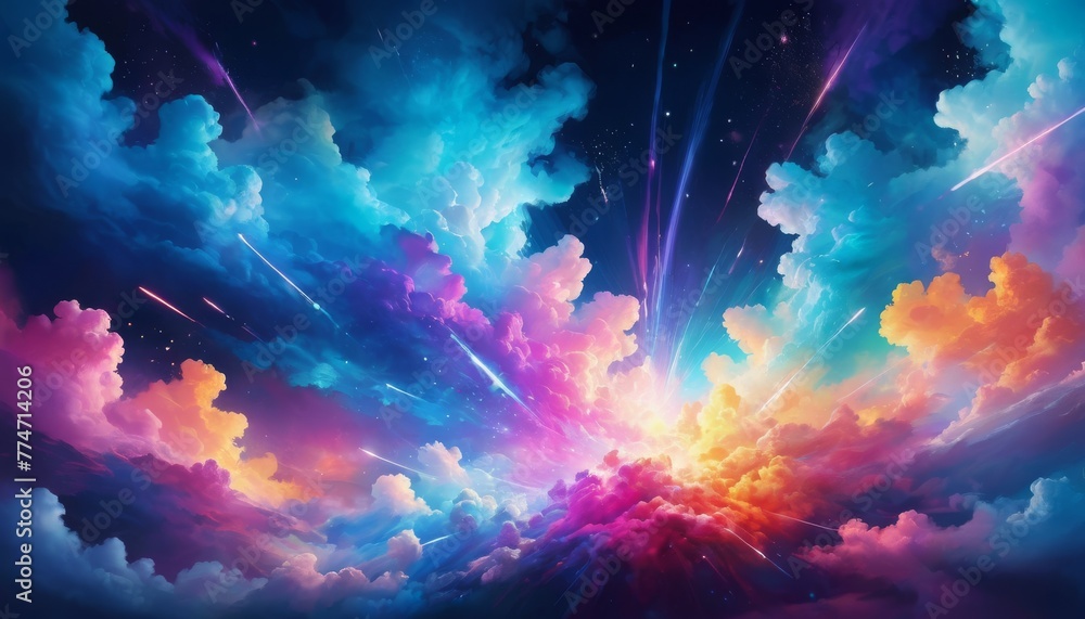 Poster a magnificent art piece showcasing a celestial explosion among clouds, with rays of light piercing t