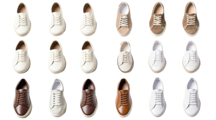 A collection of various shoes, including sneakers, heels, boots, and sandals, scattered on a white background