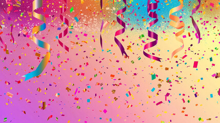 A vibrant happy birthday vector background template featuring colorful confetti and streamers cascading down against a radiant gradient backdrop, designed to mimic a high-definition photograph. - obrazy, fototapety, plakaty
