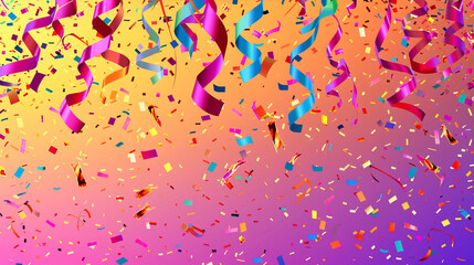 A vibrant happy birthday vector background template featuring colorful confetti and streamers cascading down against a radiant gradient backdrop, designed to mimic a high-definition photograph. - obrazy, fototapety, plakaty