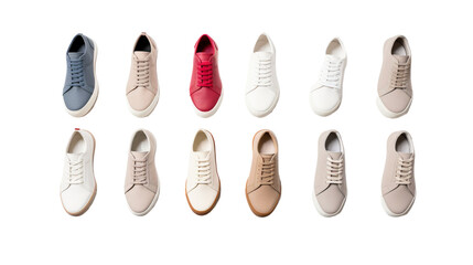 Various colorful shoes in a row on a white background