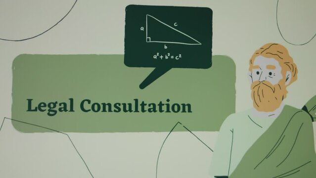 Legal Consultation inscription on green background. Graphic presentation with an illustration of a philosopher. Legal concept