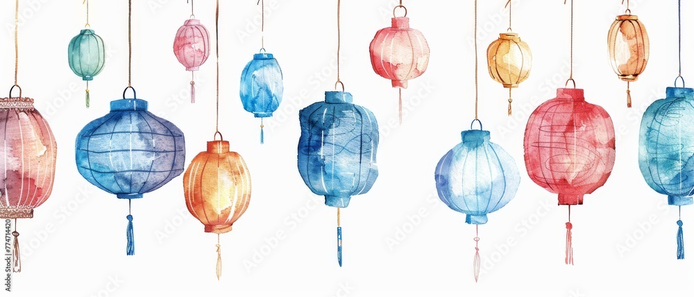 Wall mural clip art illustration of oriental lanterns hanging on a white background in watercolor