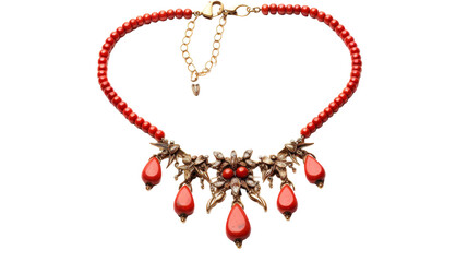 A dazzling red beaded necklace adorned with vibrant red beads, creating a captivating display of elegance and beauty