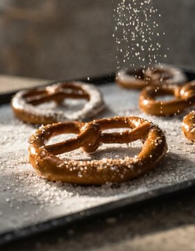 Golden brown pretzels sprinkled with coarse salt, fresh out of the oven on a baking sheet, showcasing the shine of the glaze and the perfect twist of the dough.