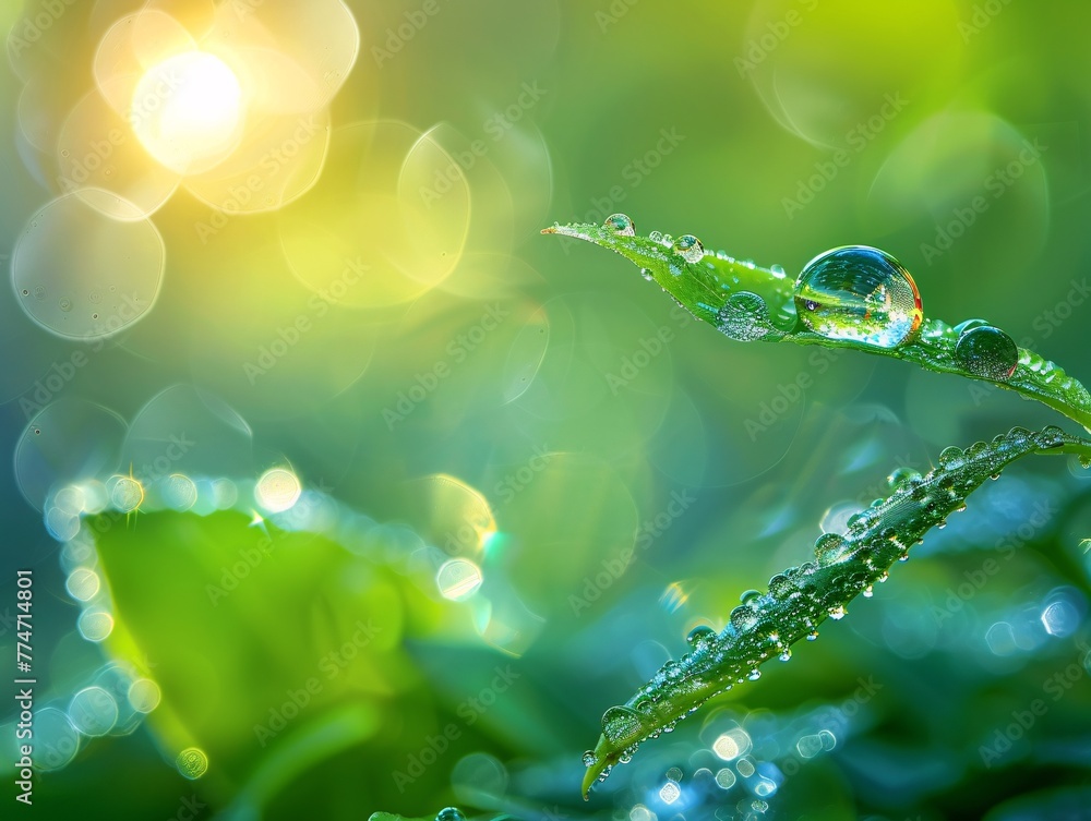 Poster sunlit leaf with raindrops a refreshing june moment generative ai