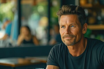 Fototapeta premium Suave 40-Year-Old Man in Black Tee Socializing Over Coffee