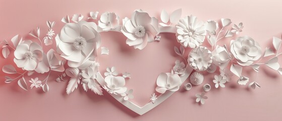 An illustration of white paper flowers, blush pink wall decor, floral background, a bridal bouquet, wedding, quilling, Valentine's greeting card, a heart shape and 3D rendering