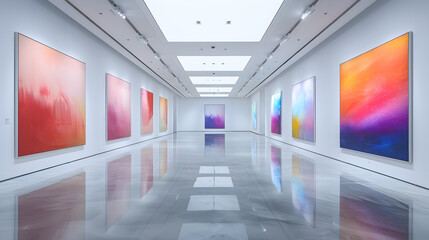 An art gallery with beautiful paintings displayed on minimalist white walls