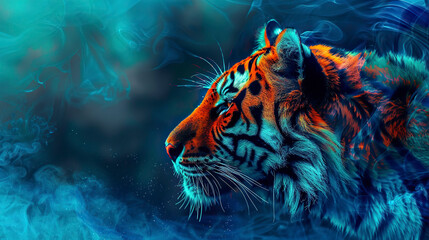 Tiger in the smoke. Wild cat. - obrazy, fototapety, plakaty