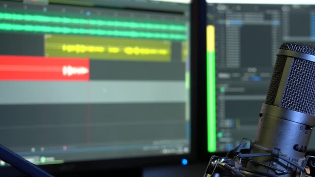 Sound and sound editing in a recording studio with a microphone