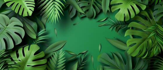 This is a 3D render, digital illustration of tropical leaves made of paper, monstera, palm trees, and a green backdrop