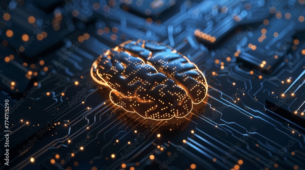 Poster computer circuit board with glowing brain