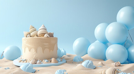 A summer beach-themed birthday cake with sand-textured icing and edible seashells, surrounded by light blue and sandy balloons on a solid light blue background. - obrazy, fototapety, plakaty