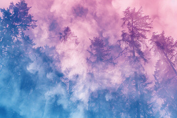 Mysterious foggy winter forest. Magical atmosphere.