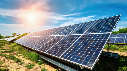 solar panels, Row of solar panels as an environmentally friendly sustainable energy source on the field in a sunny day collecting the power of sun to convert to electricity