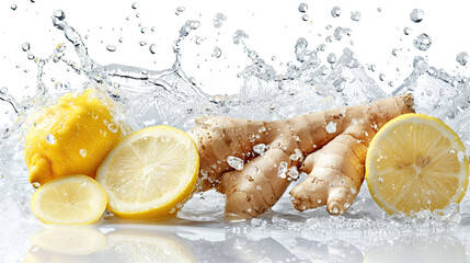 Fresh ginger and lemon with water splash isolated on white background.