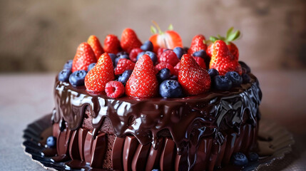 A stunning 3D realistic image of a fruit chocolate birthday cake, adorned with glossy dark chocolate ganache - obrazy, fototapety, plakaty