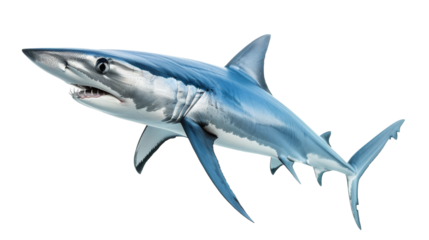 A detailed drawing of a great white shark swimming gracefully against a white background