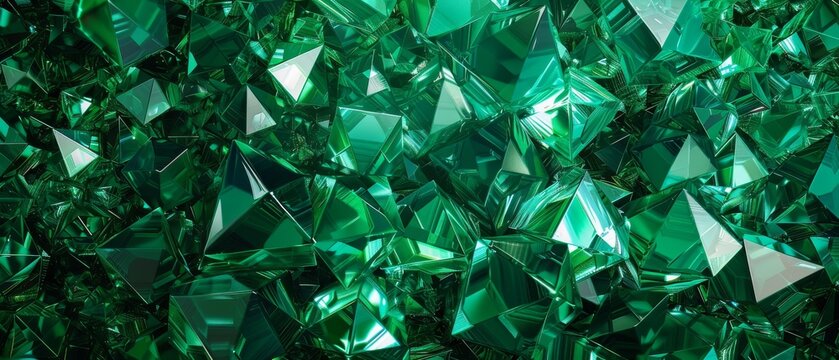 The image is rendered in 3D with an abstract green crystal background, faceted texture, emerald gem macro and a panorama.