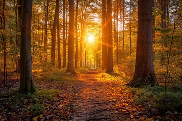 Golden Sunset in the Forest A Serene Autumn Scene Generative AI