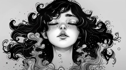 A drawing of a woman with her eyes closed and hair blowing in the wind, AI