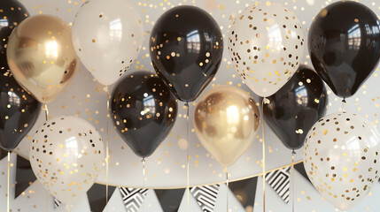 A sophisticated birthday backdrop on white, with black and gold balloons hovering, gold foil confetti shimmering, and black and white pennants, creating a chic celebration space.
