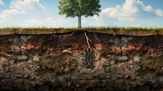 地上の大木と地下に張った木の根
