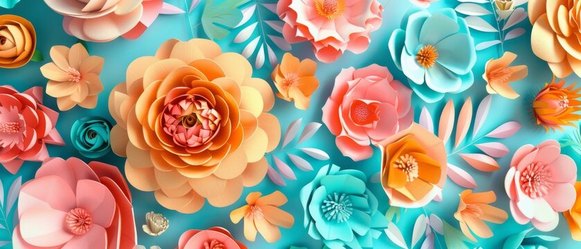 Detailed 3D render, digital illustration, colorful paper flowers background, spring summer backdrop, floral bouquet isolated on white, vibrant colors, mint pink orange yellow