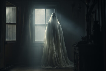Creepy ghost in dark haunted house. - obrazy, fototapety, plakaty