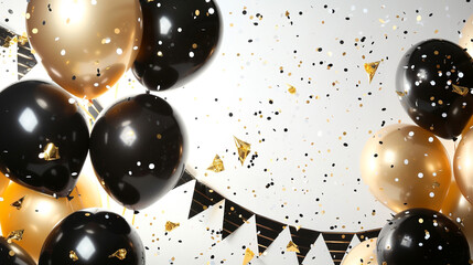 A sophisticated birthday backdrop on white, with black and gold balloons hovering, gold foil confetti shimmering, and black and white pennants, creating a chic celebration space. - obrazy, fototapety, plakaty