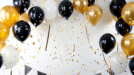 A sophisticated birthday backdrop on white, with black and gold balloons hovering, gold foil confetti shimmering, and black and white pennants, creating a chic celebration space. - obrazy, fototapety, plakaty