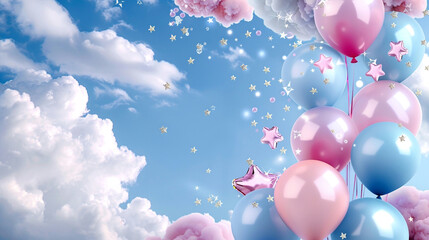 A soft and inviting happy birthday background, with a copyspace enveloped by pastel balloons,...