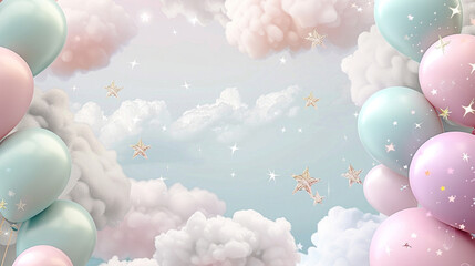 A soft and inviting happy birthday background, with a copyspace enveloped by pastel balloons, fluffy clouds, and sparkling stars, creating a dreamy celebration mood. - obrazy, fototapety, plakaty