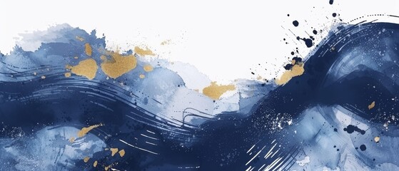 Isolated watercolor brush strokes isolated on white, creative illustration, artistic color palette, grungy smear of indigo blue ultramarine gold on a fashion backdrop