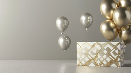 A sleek, modern birthday cake with geometric patterns in gold and white, next to floating metallic balloons on a solid grey background. - obrazy, fototapety, plakaty
