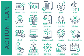 Action plan icon set. containing action plan, analysis, assessment, goal, step, resource, and more. line icon collection. business element vector illustration