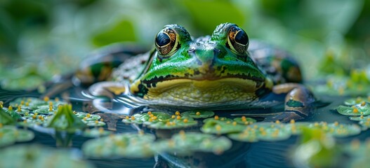 Obraz premium Frog Faceoff A Green Frog's Eyes Meet the Camera Generative AI
