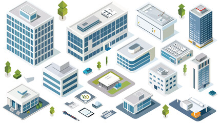 Various types of isometric office buildings  