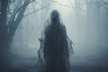 Ghost or phantom standing alone in foggy autumn forest. - 774716089
