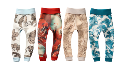 Five pairs of leggings showcasing unique designs