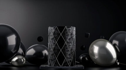 A sleek, black velvet birthday cake with silver geometric patterns, flanked by black and silver balloons on a solid dark grey background. - obrazy, fototapety, plakaty