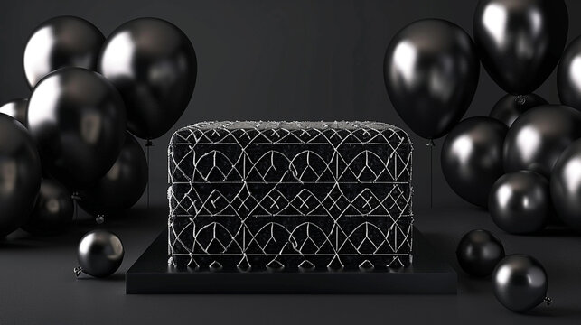 A sleek, black velvet birthday cake with silver geometric patterns, flanked by black and silver balloons on a solid dark grey background.