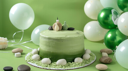 A serene Zen garden themed birthday cake with green tea icing and edible sand and rocks, accompanied by white and green balloons on a solid zen green background. - obrazy, fototapety, plakaty