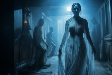 Vintage  blurred image of creepy ghost woman in dark haunted house. - 774716288