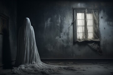 Creepy ghost in dark haunted house. Halloween concept. - 774716296