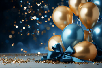 Golden and blue metallic balloons. Holiday celebration background with confetti - 774716400