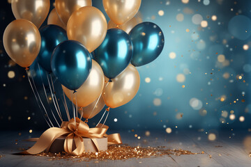 Golden and blue metallic balloons. Holiday celebration background with confetti - 774716404