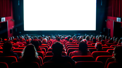 Audience watching a film in a cinema, red seats, screen in focus. Screen with transparent background for customization. 